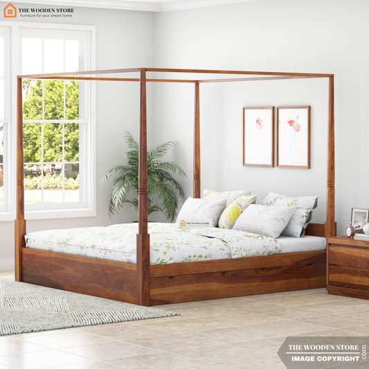 Wilma Poster Bed With Storage (King Size, Honey Finish)