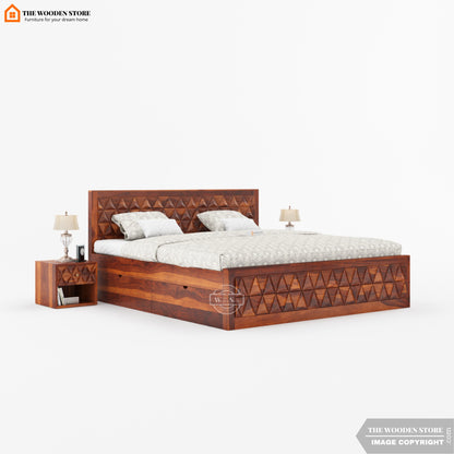Trihex Bed with Drawer Storage (King Size, Honey Finish)