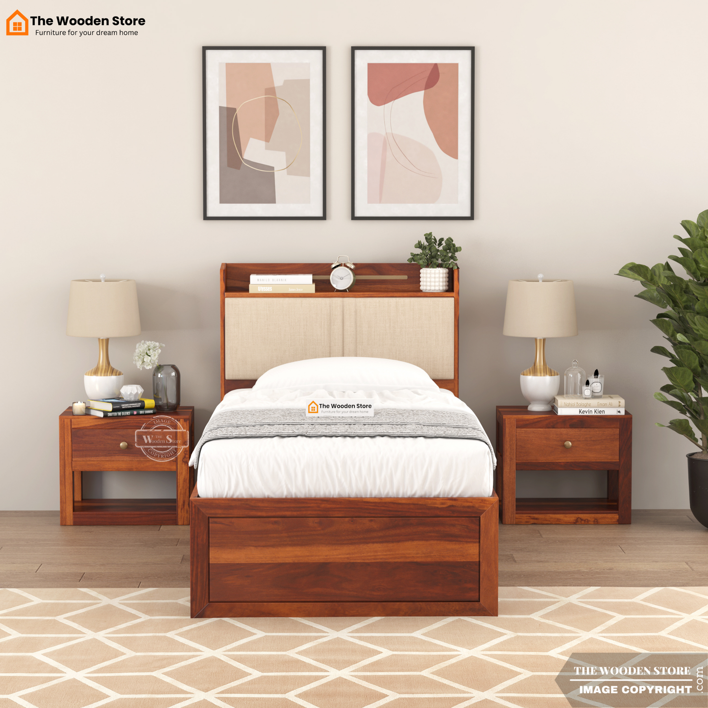 Jensen Upholstered Single Bed With Storage (Honey Finish)