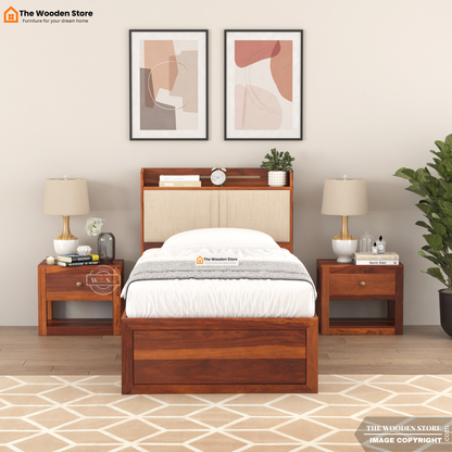 Jensen Upholstered Single Bed With Storage (Honey Finish)