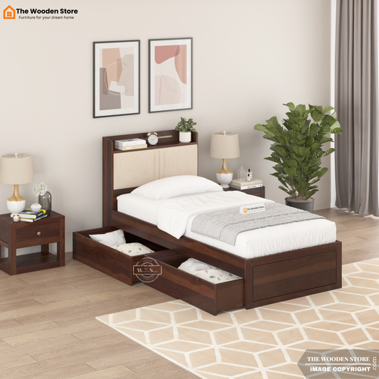 Jensen Upholstered Single Bed With Storage (Walnut Finish)