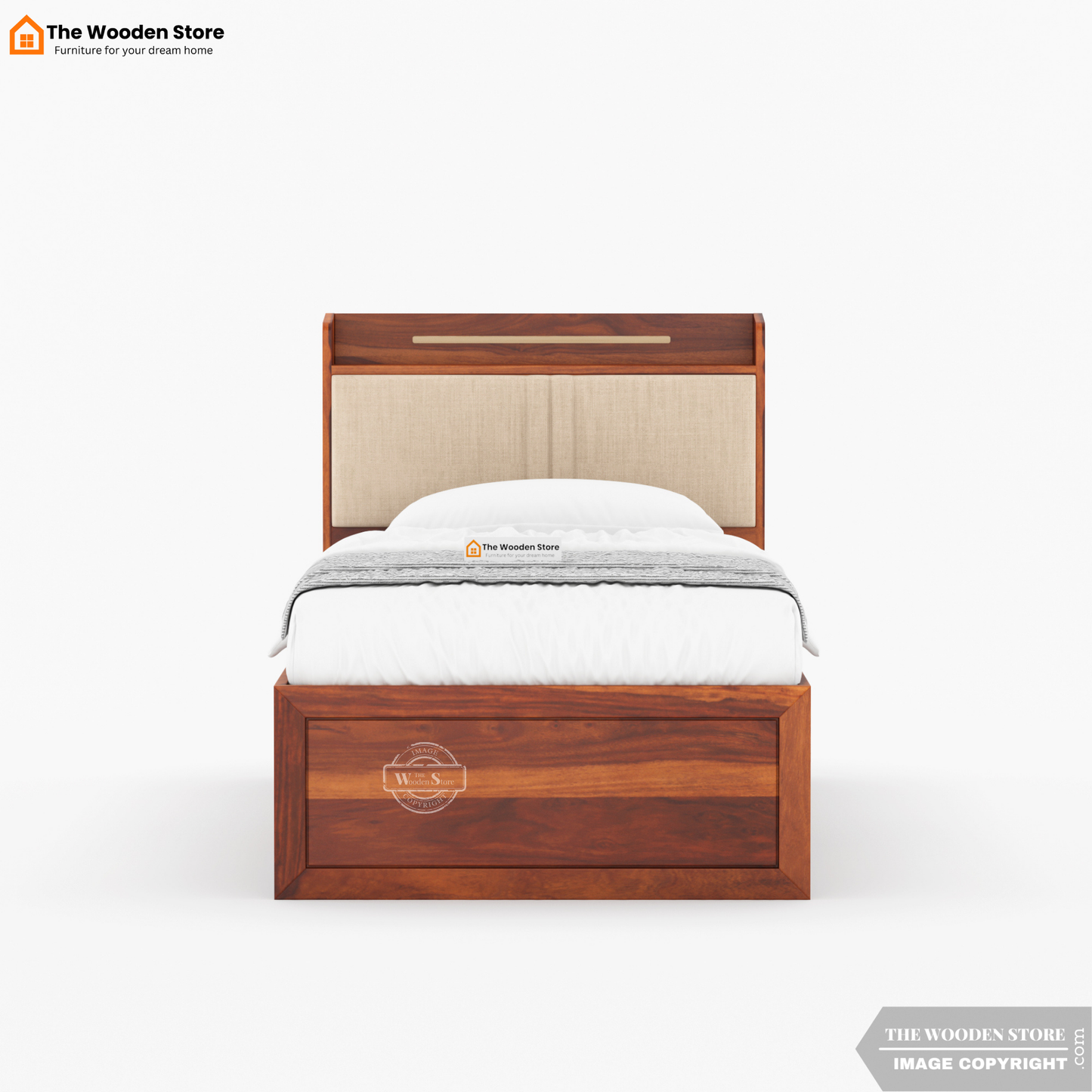 Jensen Upholstered Single Bed With Storage (Honey Finish)