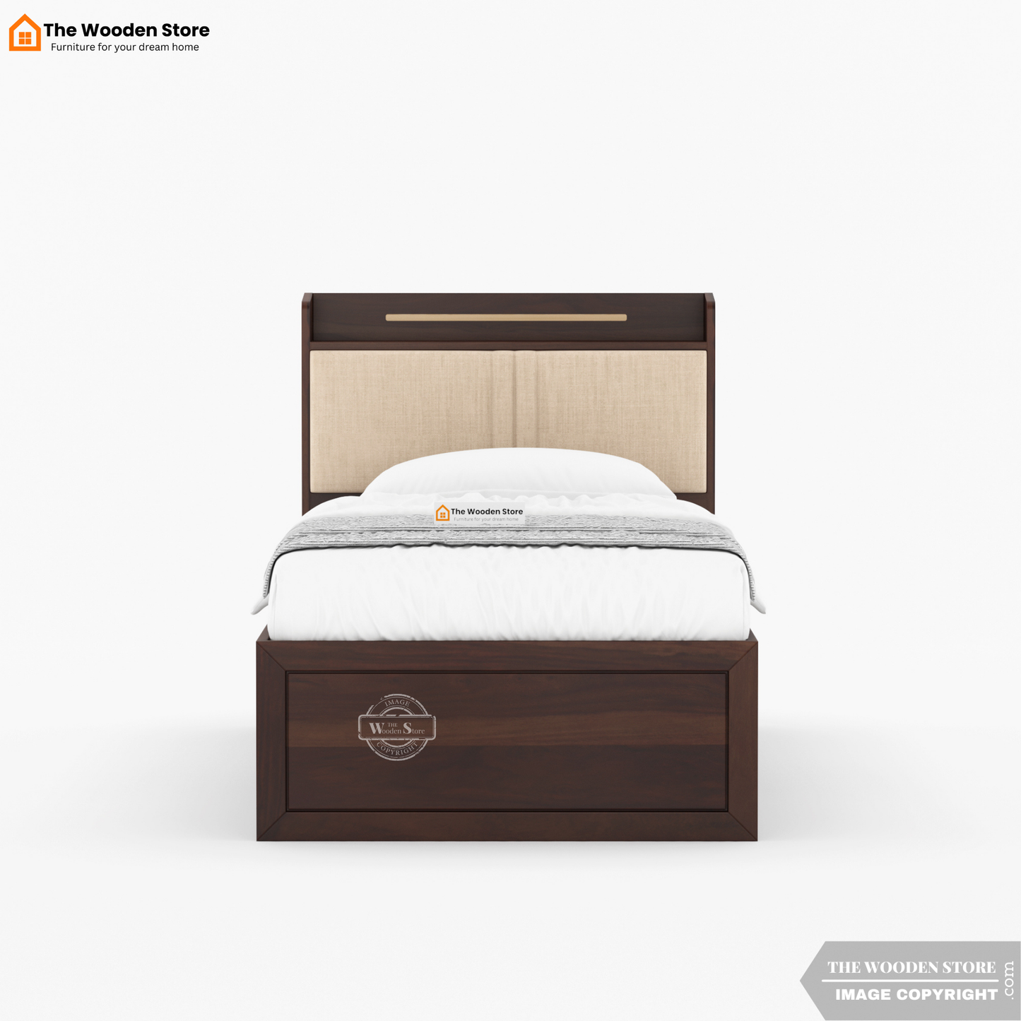 Jensen Upholstered Single Bed With Storage (Walnut Finish)