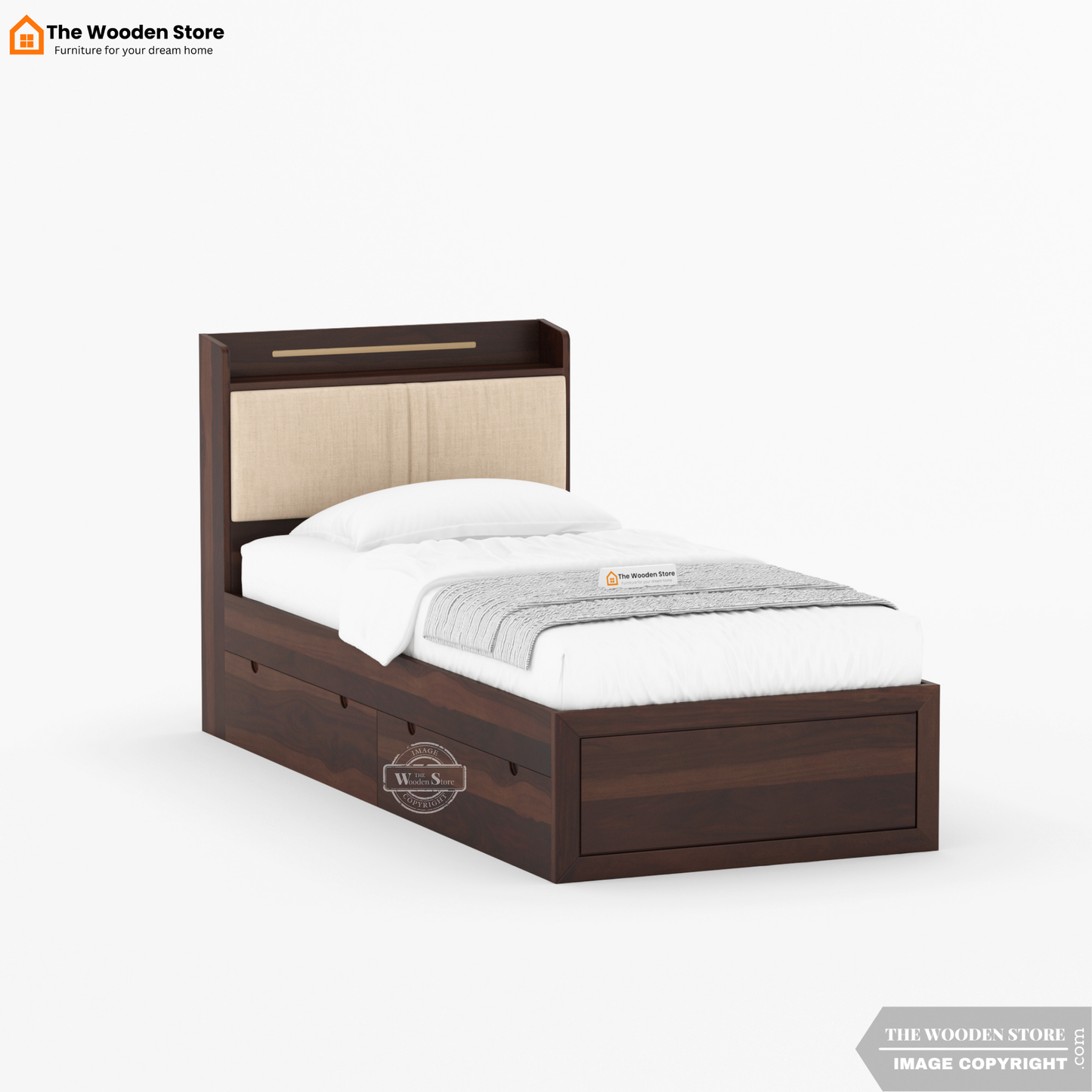 Jensen Upholstered Single Bed With Storage (Walnut Finish)