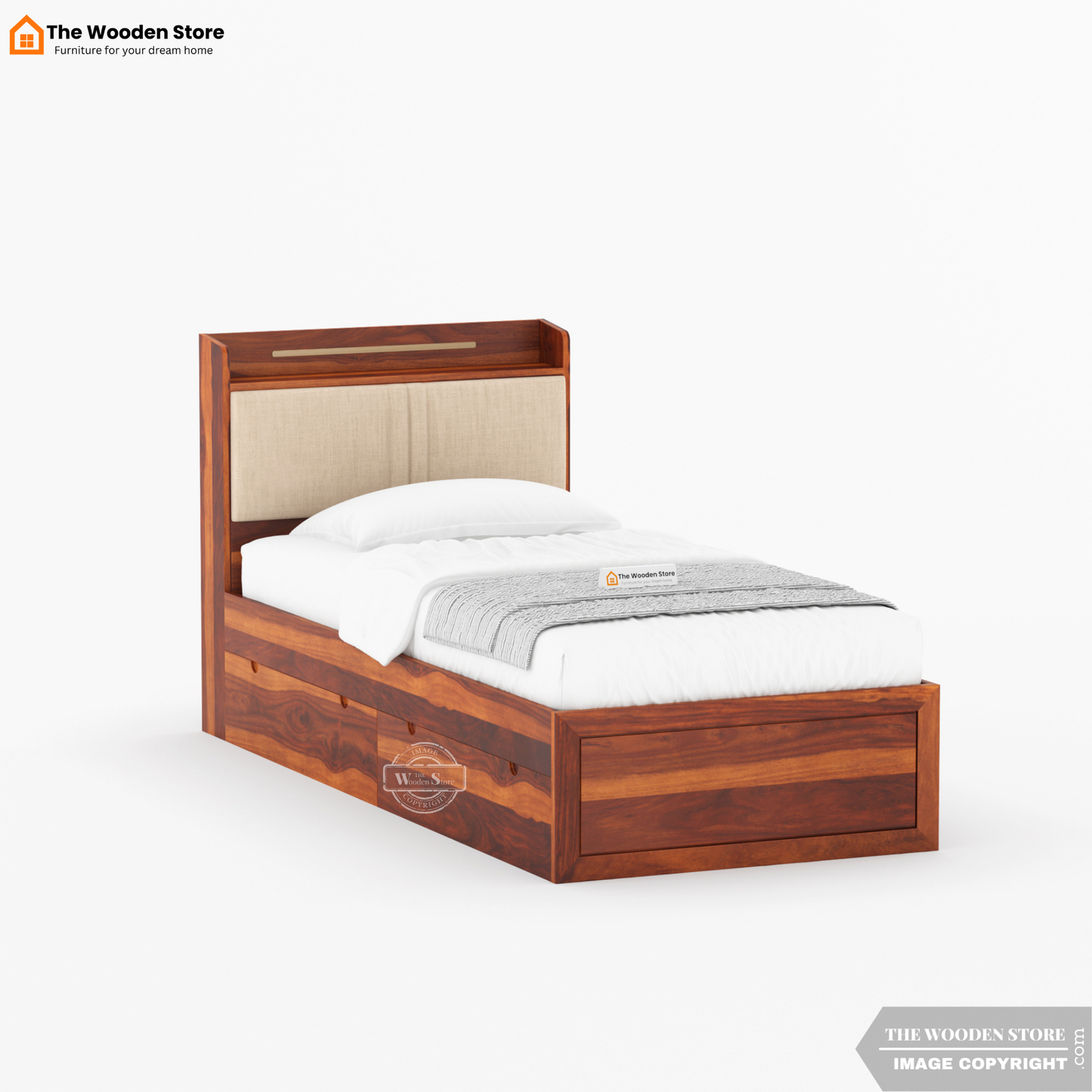 Jensen Upholstered Single Bed With Storage (Honey Finish)