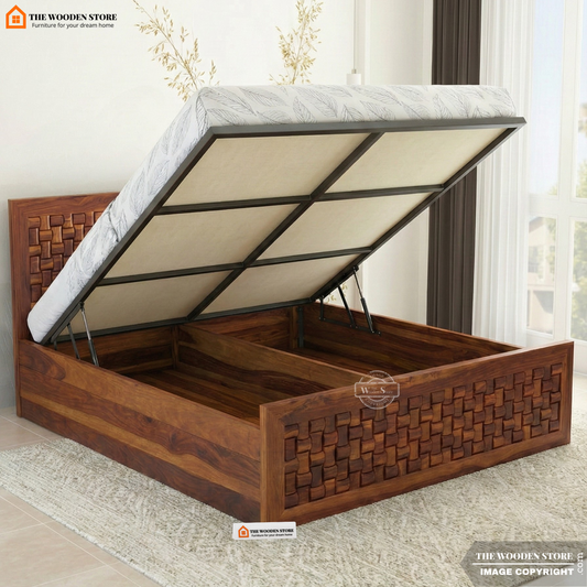 Woodwave Hydraulic Bed With Storage (King Size, Honey Finish)