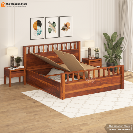 Albus Bed With Box Storage (King Size, Honey Finish)
