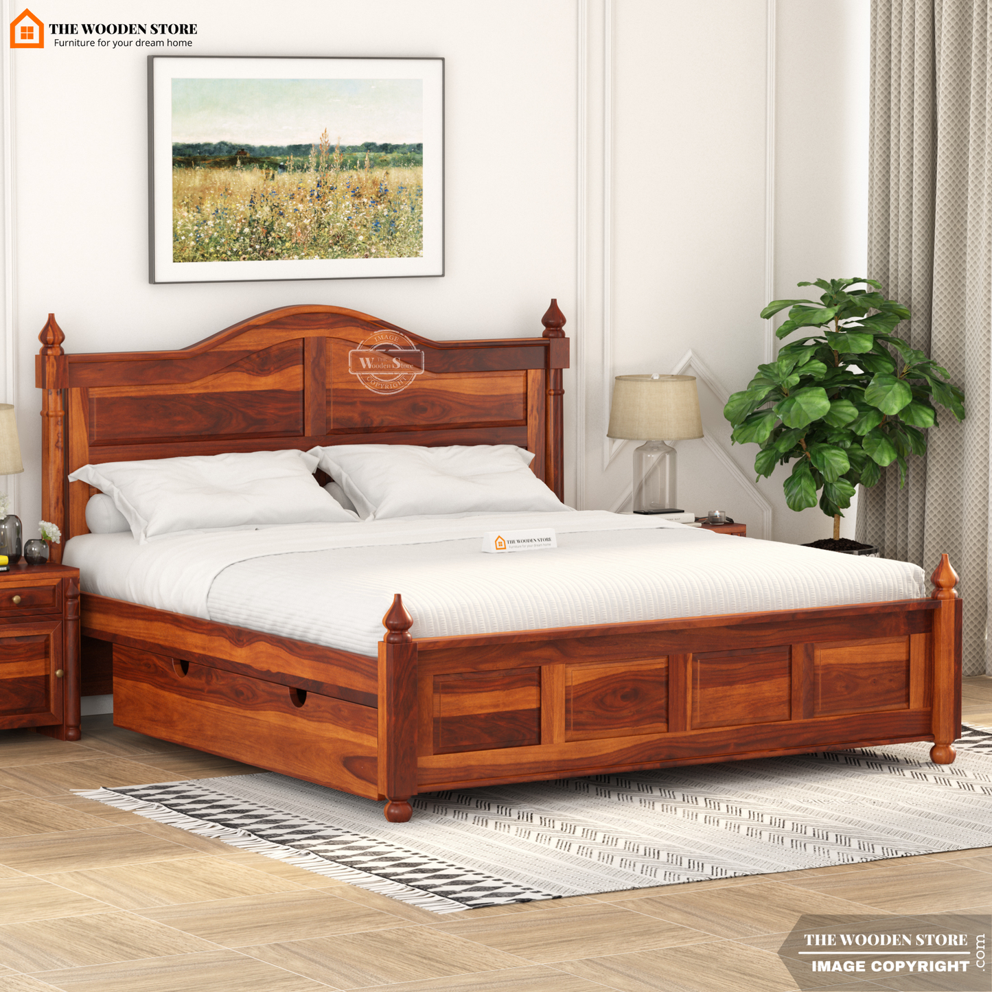 Boonville Bed with Drawer Storage (Queen Size, Honey Finish)