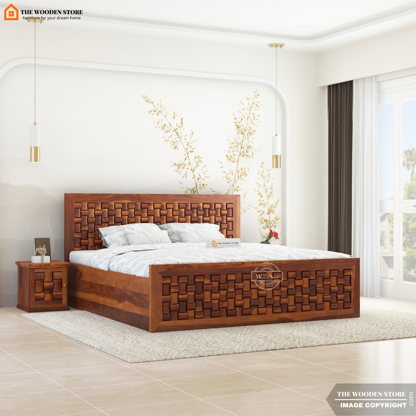 Woodwave Hydraulic Bed With Storage (King Size, Honey Finish)