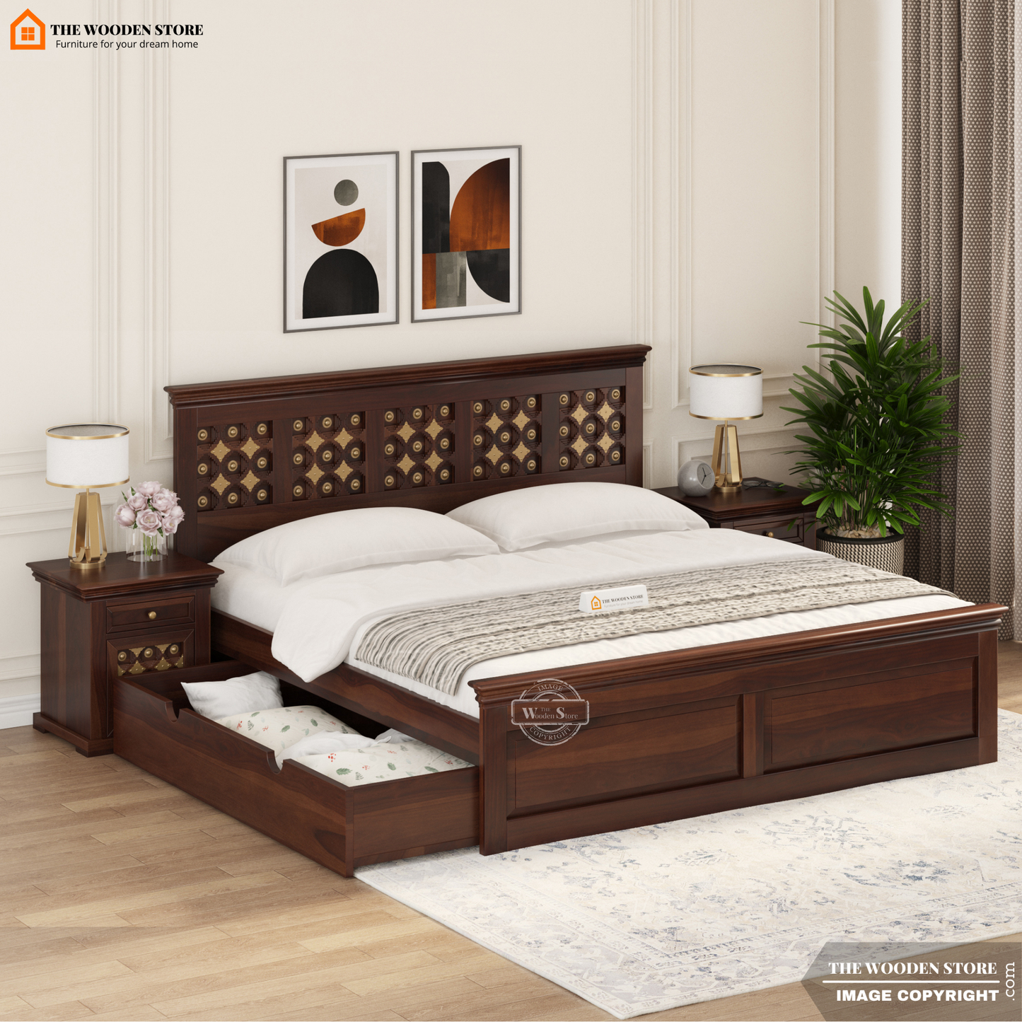 Indi Brass Bed with Drawer Storage (Queen Size, Walnut Finish)