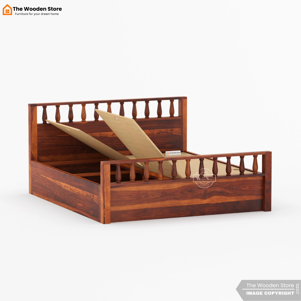 Albus Bed With Box Storage (King Size, Honey Finish)
