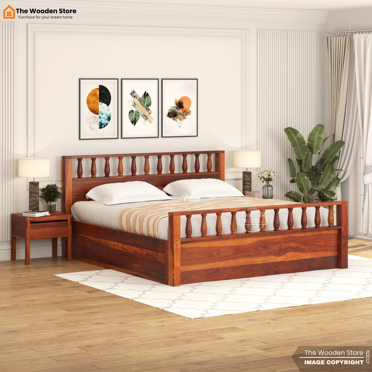 Albus Bed With Box Storage (King Size, Honey Finish)