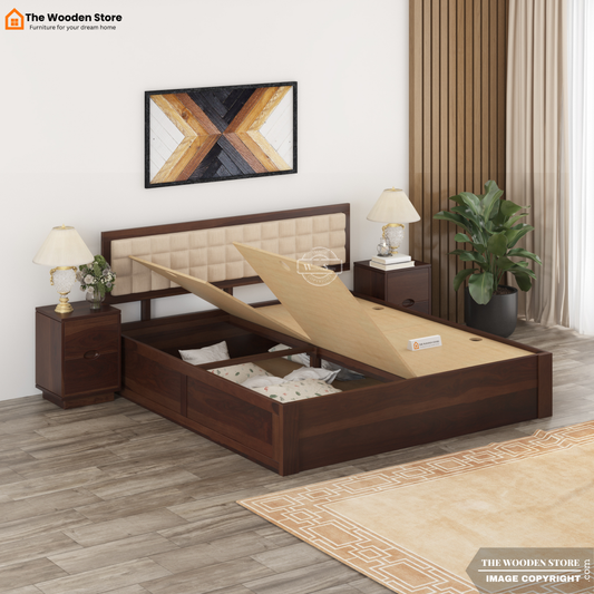 Halis Upholstered Bed With Box Storage (Queen Size, Walnut Finish)