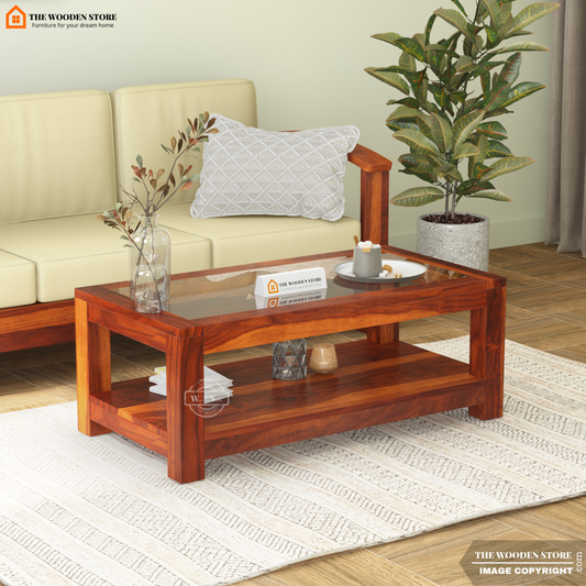 Cove Glass Top Coffee Table (Honey Finish)