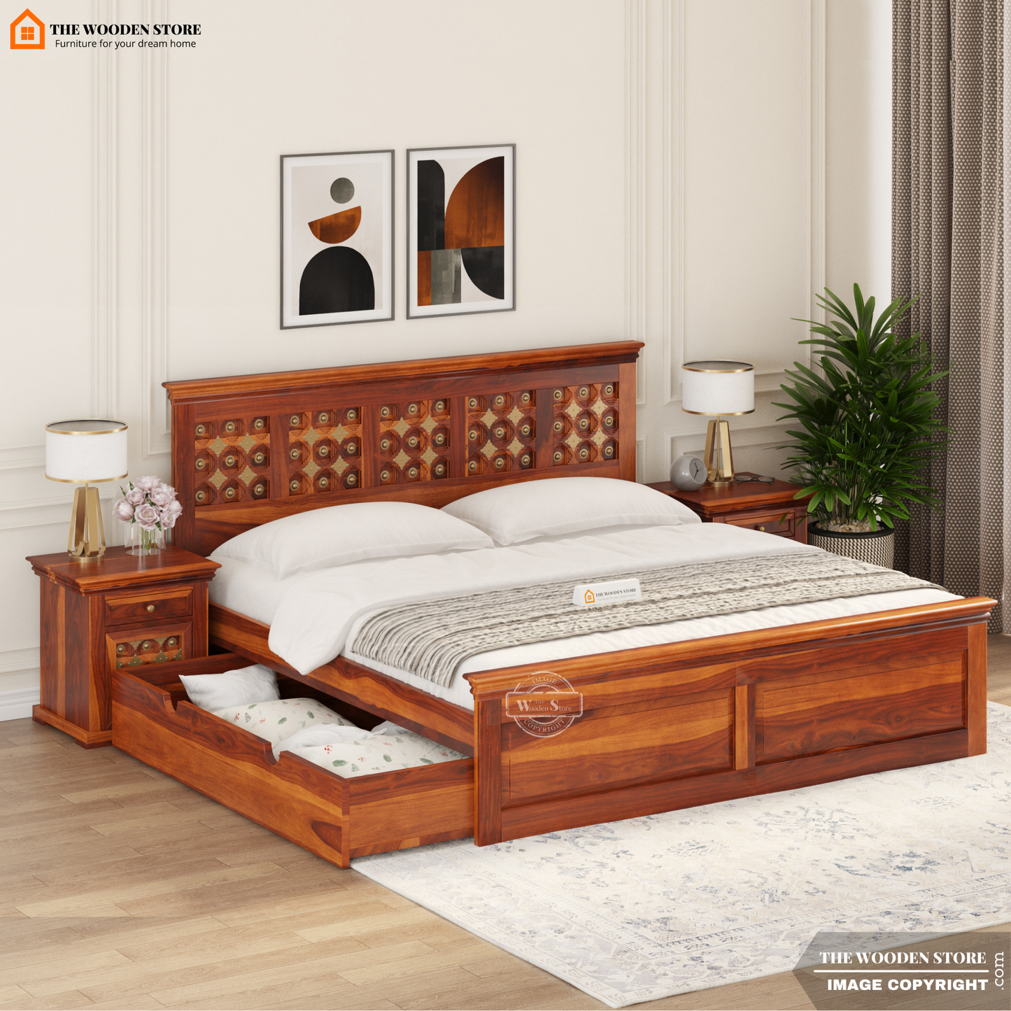 Indi Brass Bed with Drawer Storage (Queen Size, Honey Finish)