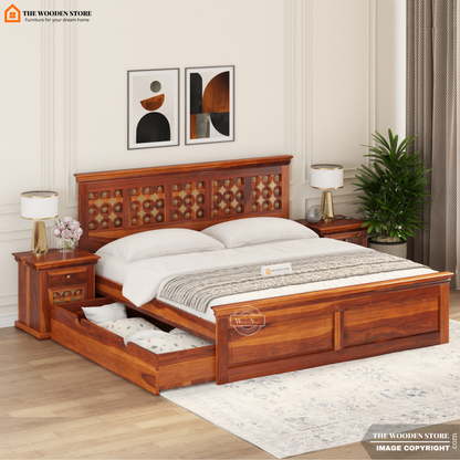 Indi Brass Bed with Drawer Storage (Queen Size, Honey Finish)