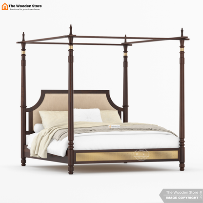 Canora Sheesham Wood and Cane Upholstered Poster Bed Without Storage  (King Size, Walnut Finish)