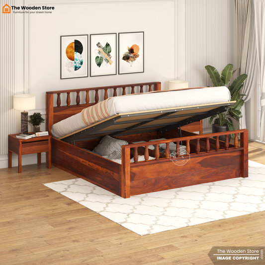 Albus Hydraulic Bed With Storage (King Size, Honey Finish)
