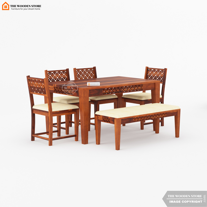 Daffy 6 Seater Dining Set With Bench (Honey Finish)