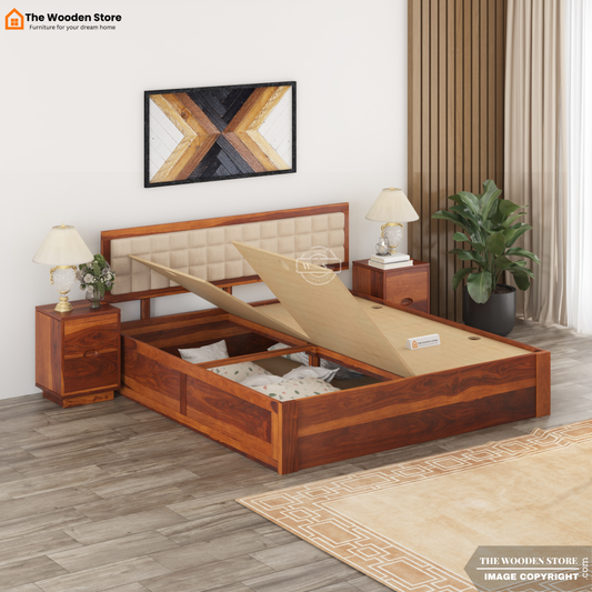 Halis Upholstered Bed With Box Storage (Queen Size, Honey Finish)