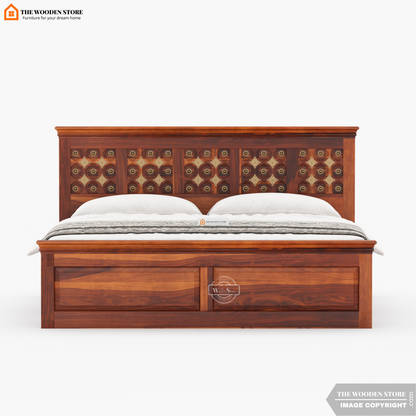 Indi Brass Bed with Drawer Storage (Queen Size, Honey Finish)