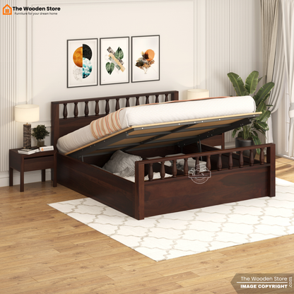Albus Hydraulic Bed With Storage (King Size, Walnut Finish)