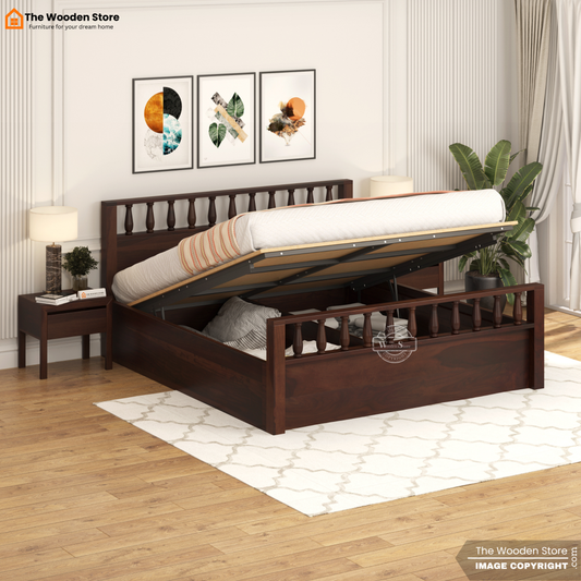 Albus Hydraulic Bed With Storage (King Size, Walnut Finish)