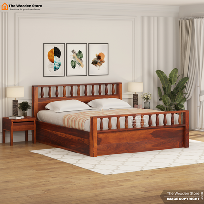 Albus Hydraulic Bed With Storage (King Size, Honey Finish)