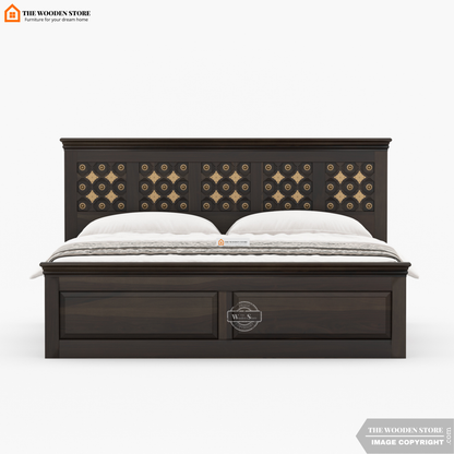 Indi Brass Bed with Drawer Storage (Queen Size, Walnut Finish)