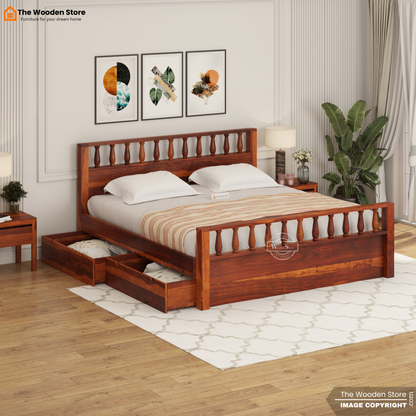 Albus Bed with Drawer Storage (Queen Size, Honey Finish)