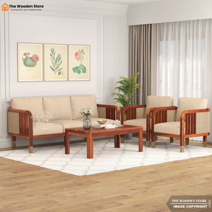 Petroski 3+1+1 Wooden Sofa Set With Cane (Honey Finish)