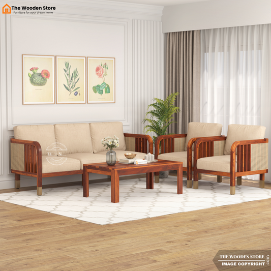 Petroski 3+1+1 Wooden Sofa Set With Cane (Honey Finish)