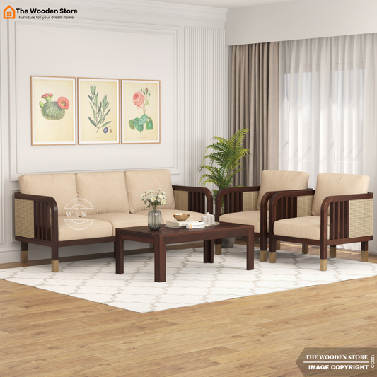 Petroski 3+1+1 Wooden Sofa Set With Cane (Walnut Finish)