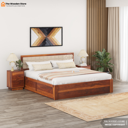 Halis Upholstered Bed With Box Storage (Queen Size, Honey Finish)