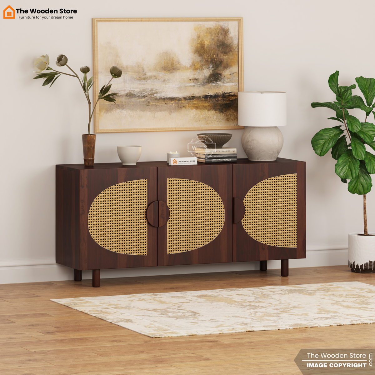 Glowden Cabinets and Sideboard With Cane (Walnut Finish)