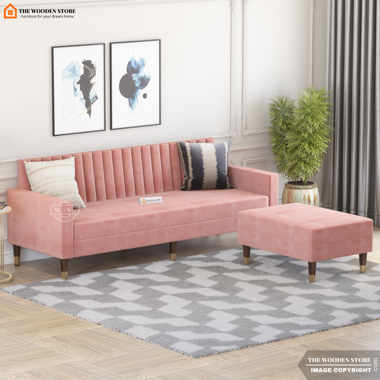 Orner L-Shape Corner Fabric Sofa (Blush Pink)