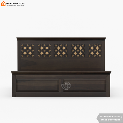 Indi Brass Bed with Drawer Storage (Queen Size, Walnut Finish)