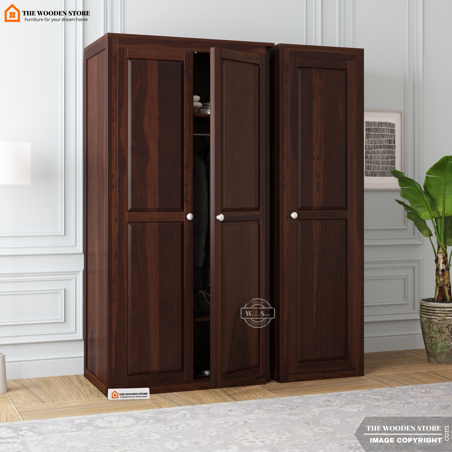 Mateo 3 Door Multi-Utility Wardrobe (Walnut Finish)