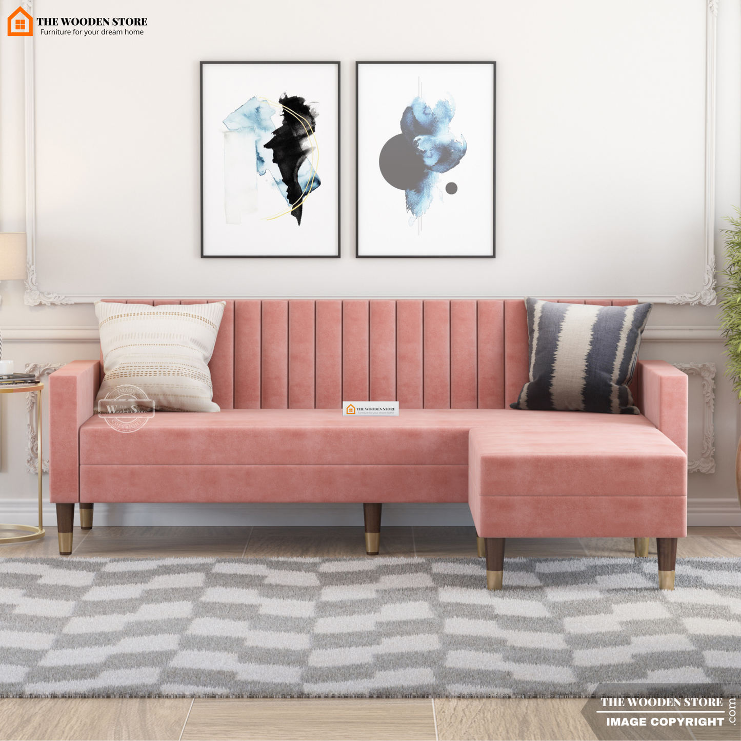 Orner L-Shape Corner Fabric Sofa (Blush Pink)