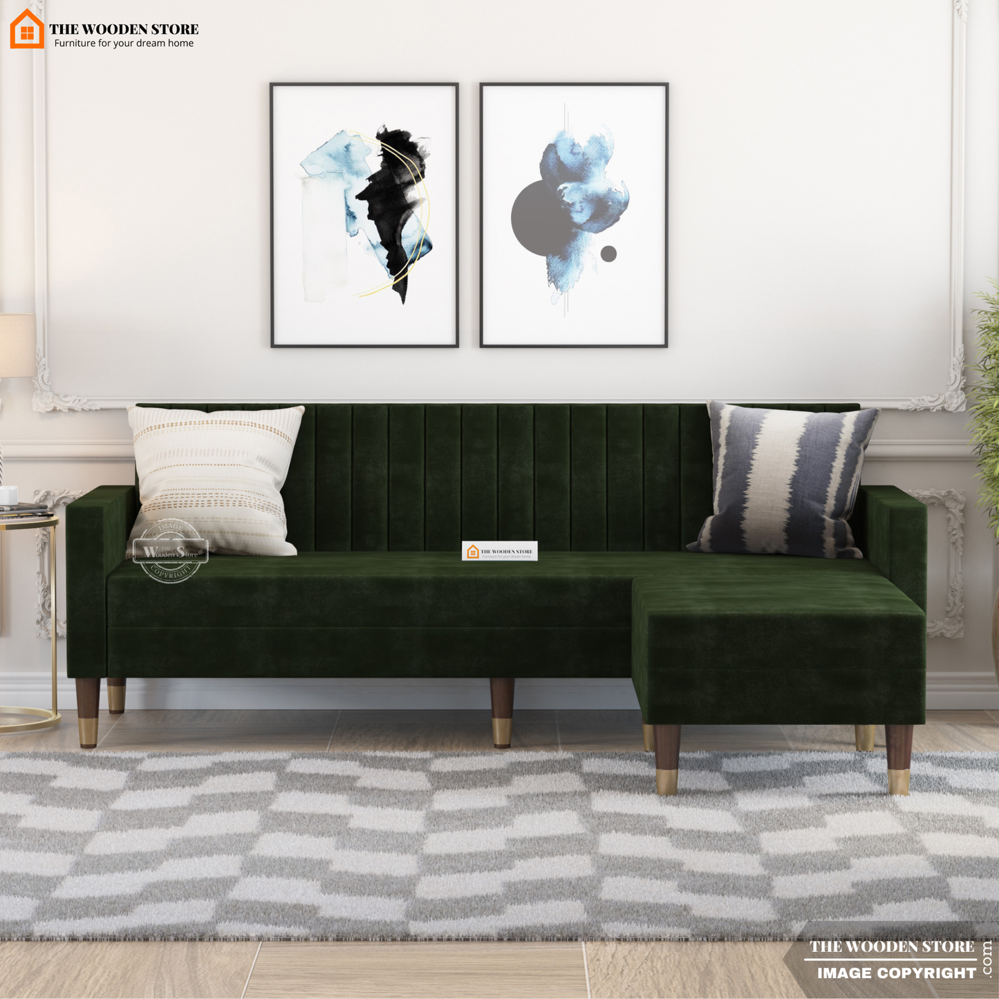 Orner L-Shape Corner Fabric Sofa (Olive Green)