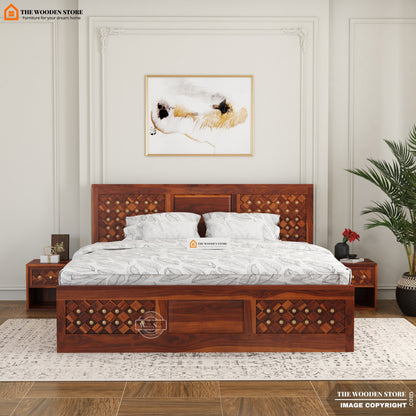 Bronzon Sheesham Wood Bed with Full Drawer Storage (King Size, Honey Finish)