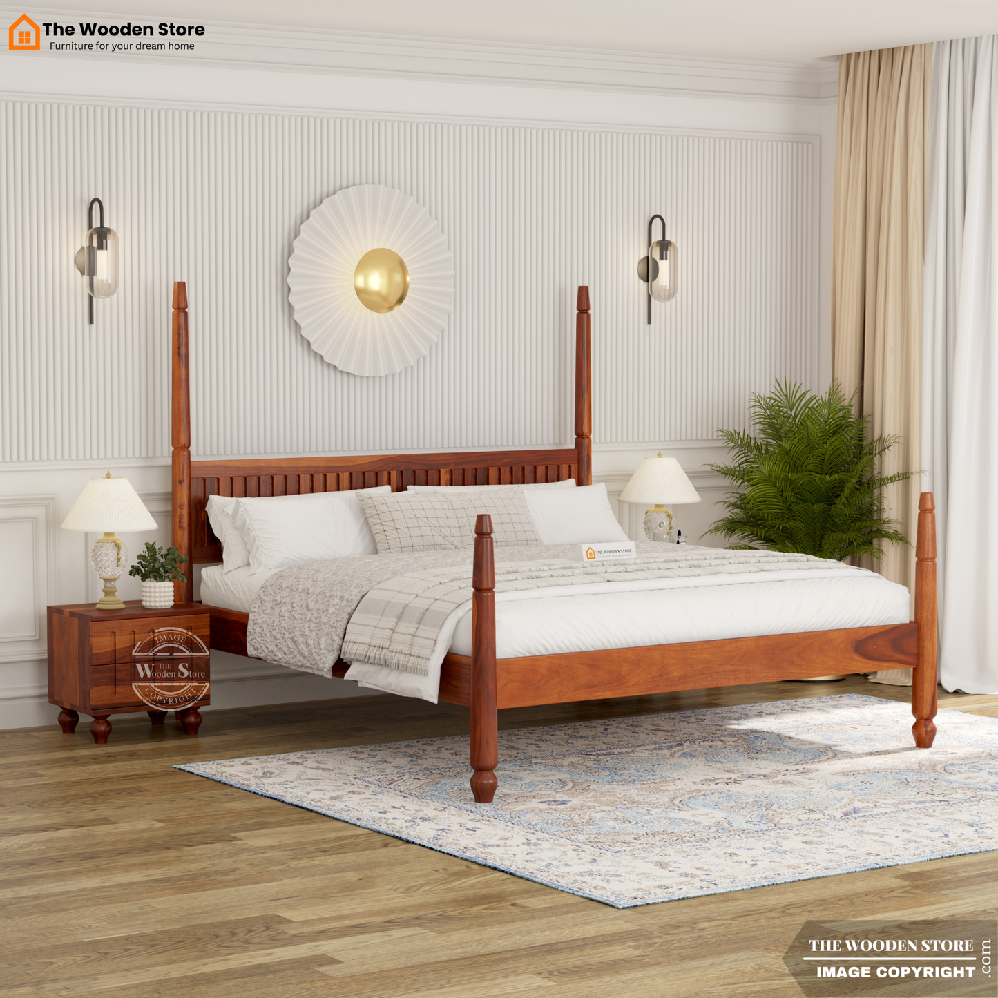 Florie Poster Bed without Storage (King Size, Honey Finish)