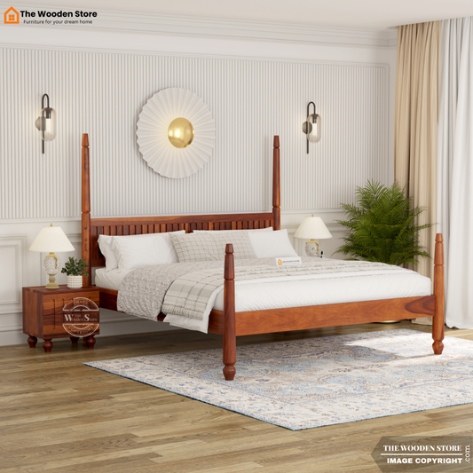 Florie Poster Bed without Storage (King Size, Honey Finish)