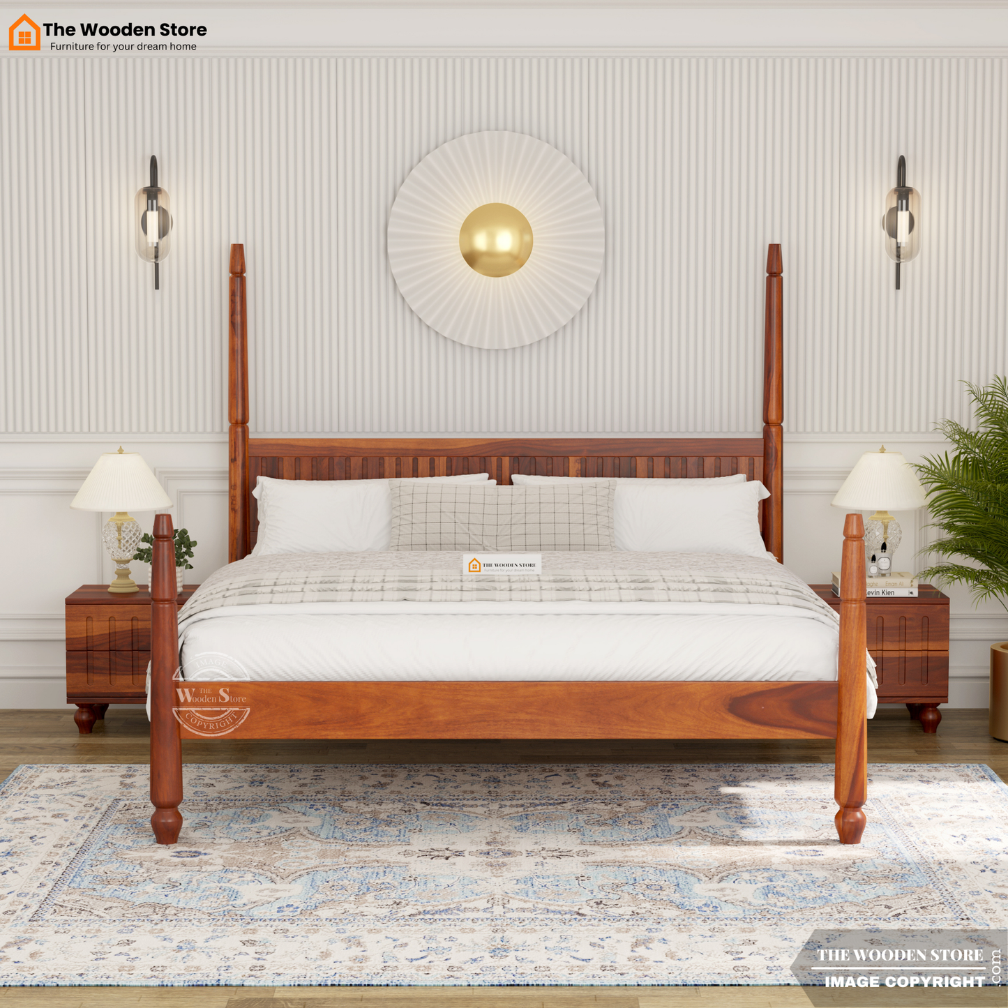 Florie Poster Bed without Storage (King Size, Honey Finish)