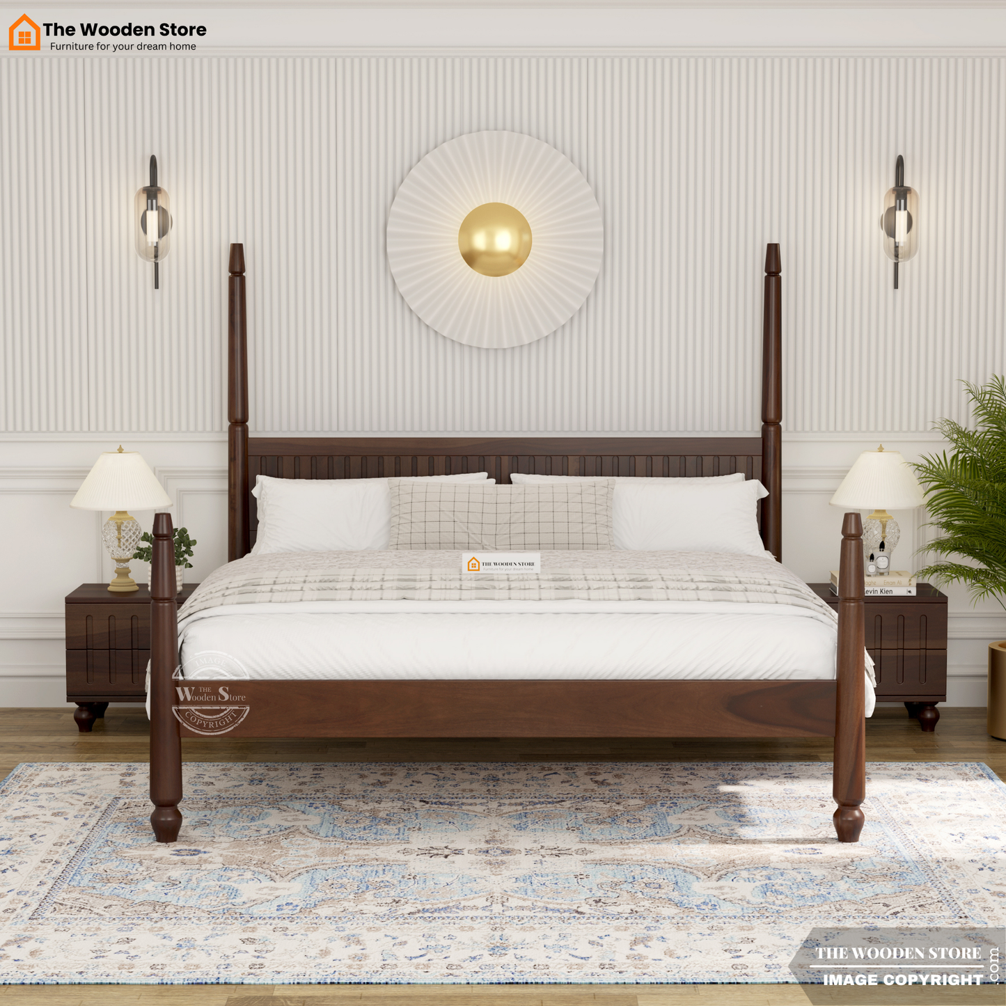 Florie Poster Bed without Storage (King Size, Walnut Finish)