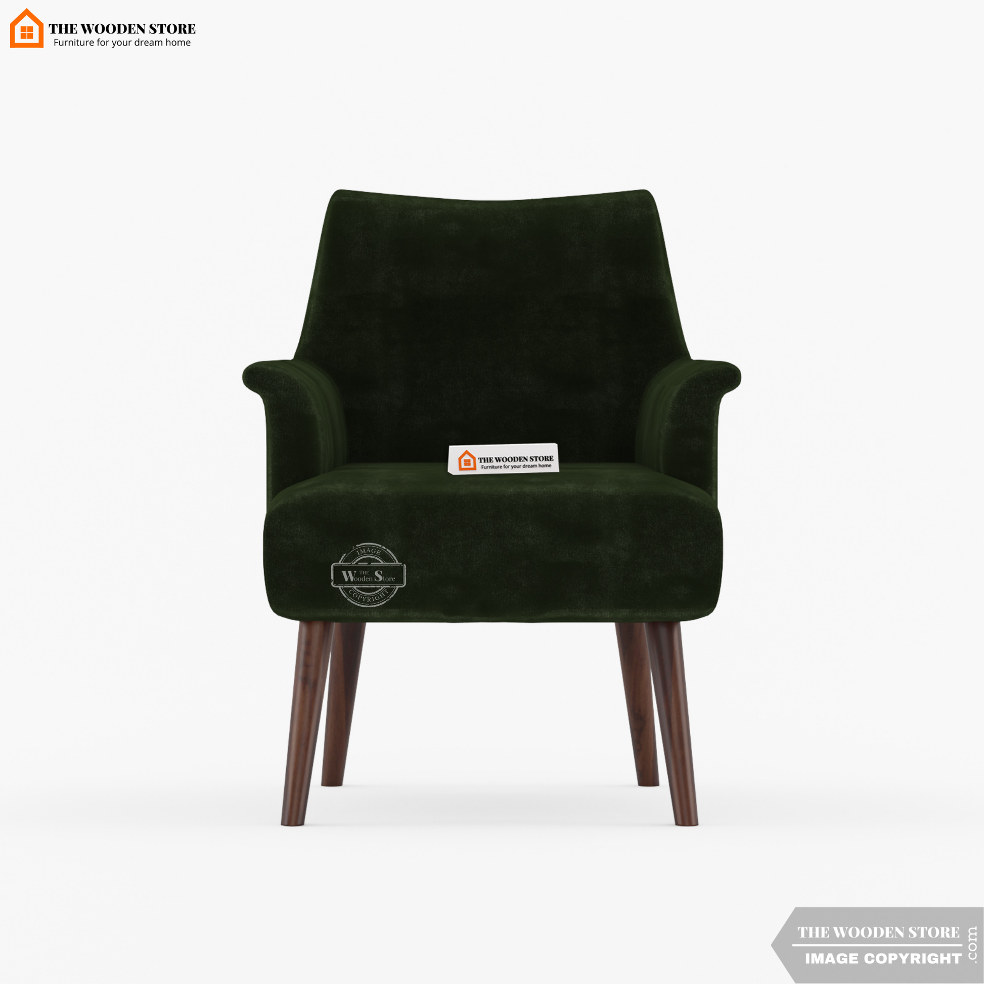 Green armchair with wooden legs on a white background