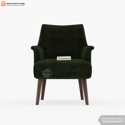 Green armchair with wooden legs on a white background