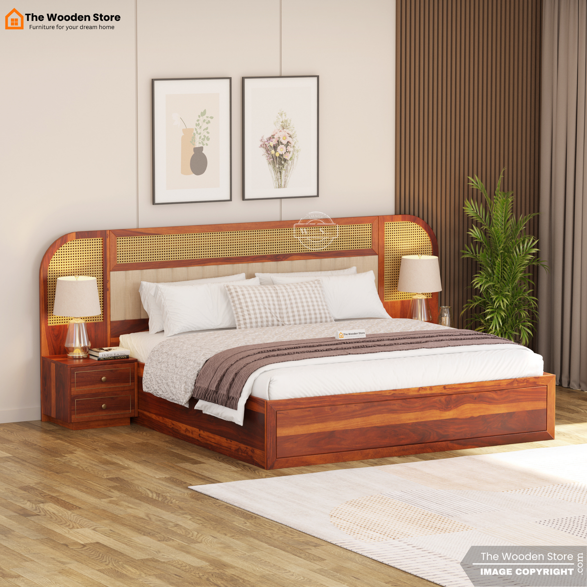 Saya Hydraulic Bed With Storage (Queen Size, Honey Finish)