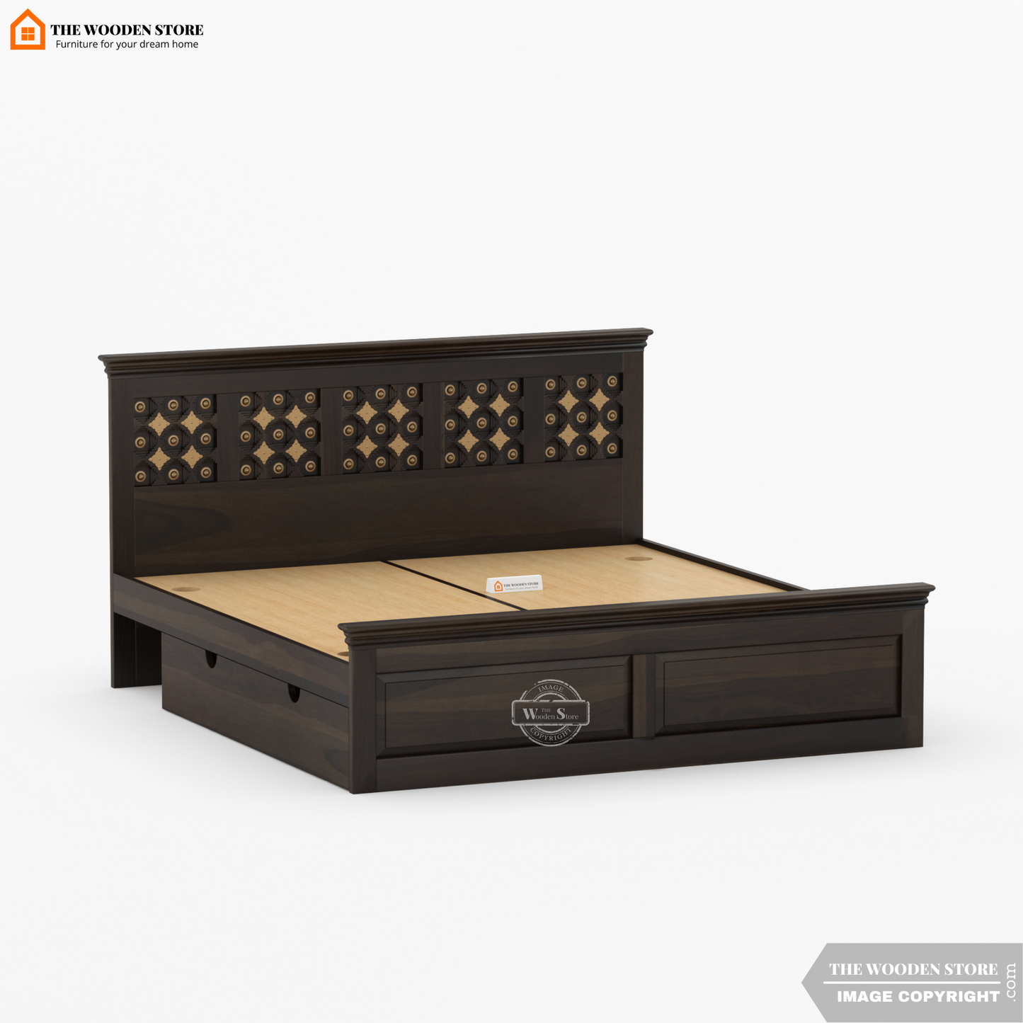 Indi Brass Bed with Drawer Storage (Queen Size, Walnut Finish)