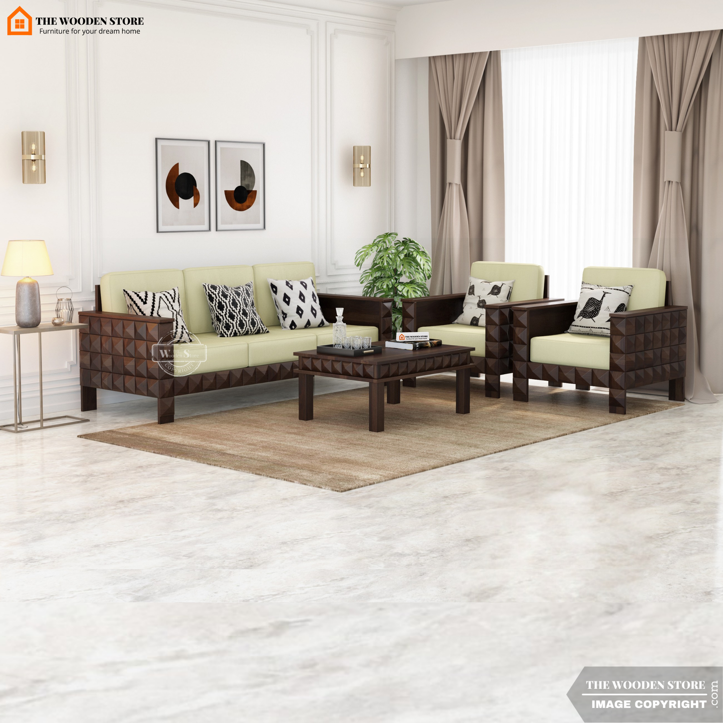 Morris 3+1+1 Wooden Sofa Set (Walnut Finish)